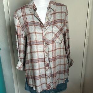 New Women’s Rayon Rolled Tab Sleeve Plaid Button Up Shirt